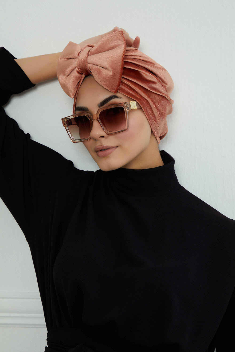 Instant Turban Velvet Scarf Head Wrap with Removable Bowtie Headwear Cap Bonnet For Women Fashion,B-27K Salmon