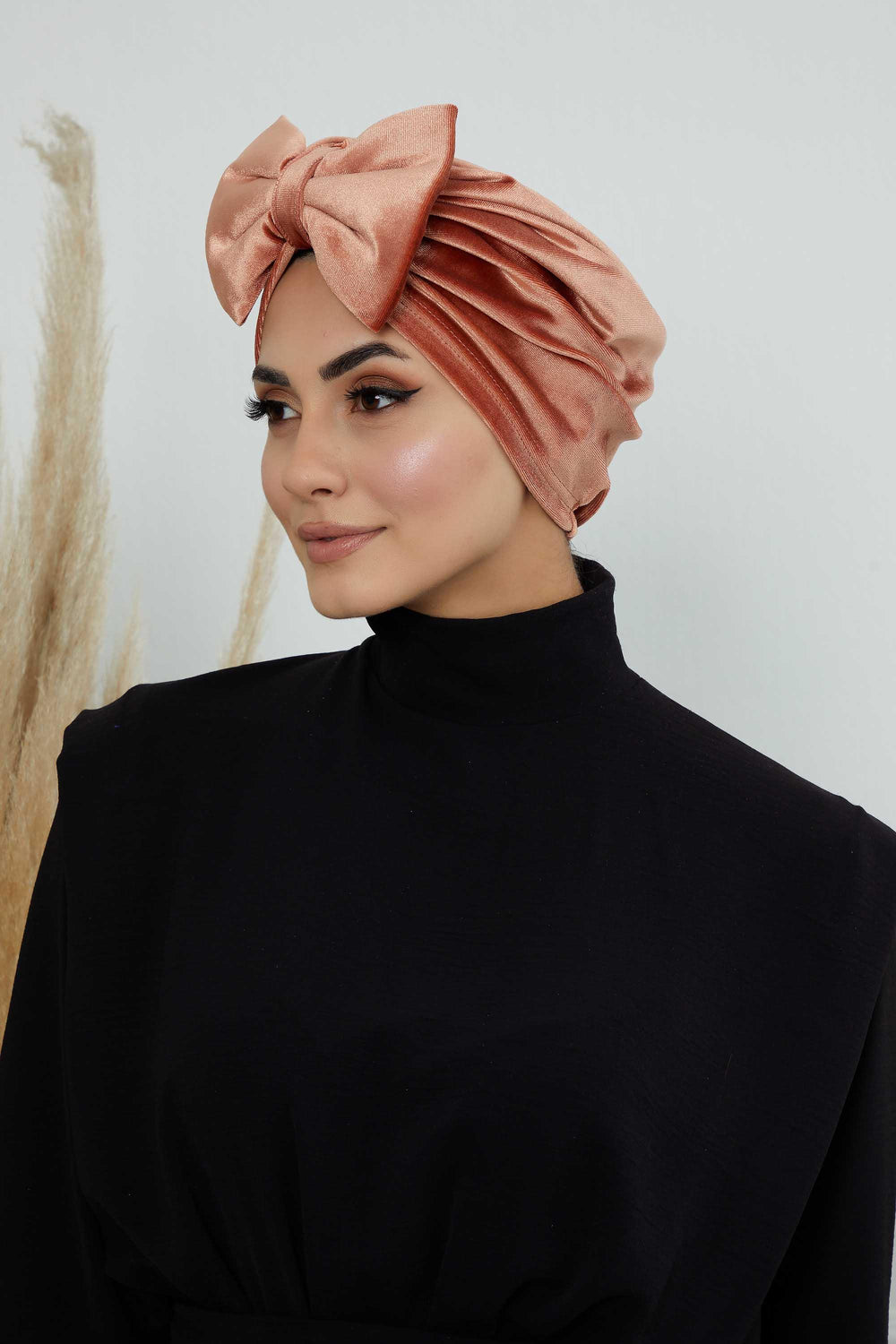 Instant Turban Velvet Scarf Head Wrap with Removable Bowtie Headwear Cap Bonnet For Women Fashion,B-27K Salmon