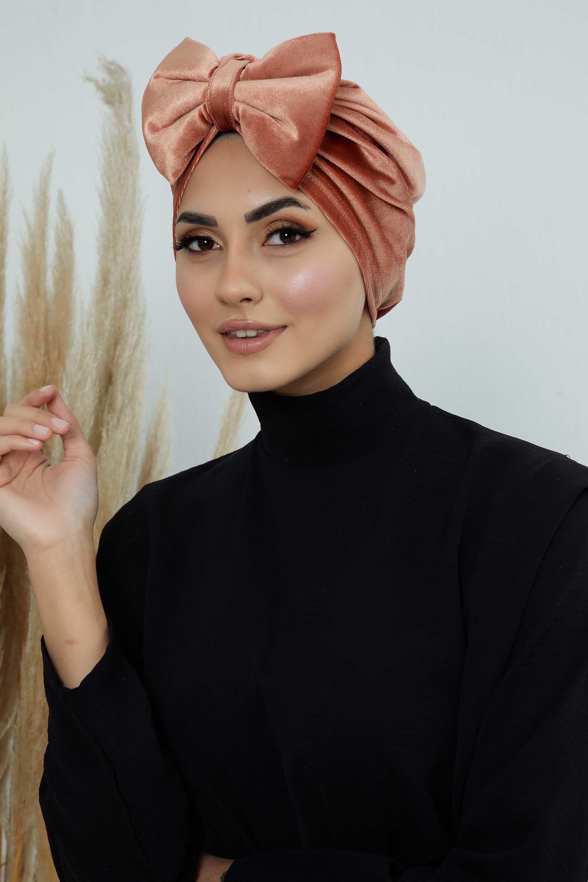 Instant Turban Velvet Scarf Head Wrap with Removable Bowtie Headwear Cap Bonnet For Women Fashion,B-27K Salmon