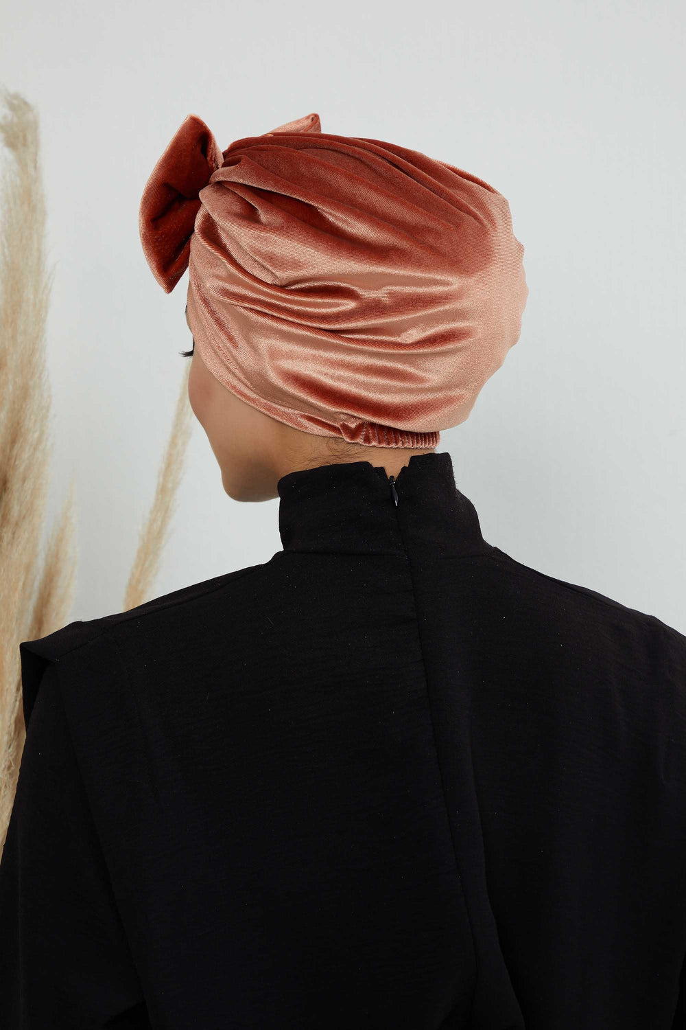 Instant Turban Velvet Scarf Head Wrap with Removable Bowtie Headwear Cap Bonnet For Women Fashion,B-27K Salmon