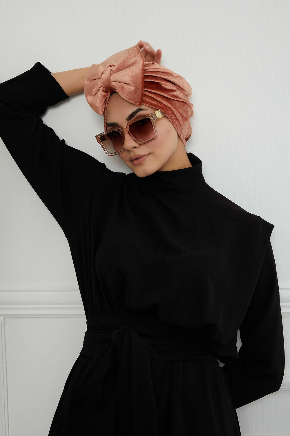 Instant Turban Velvet Scarf Head Wrap with Removable Bowtie Headwear Cap Bonnet For Women Fashion,B-27K Salmon