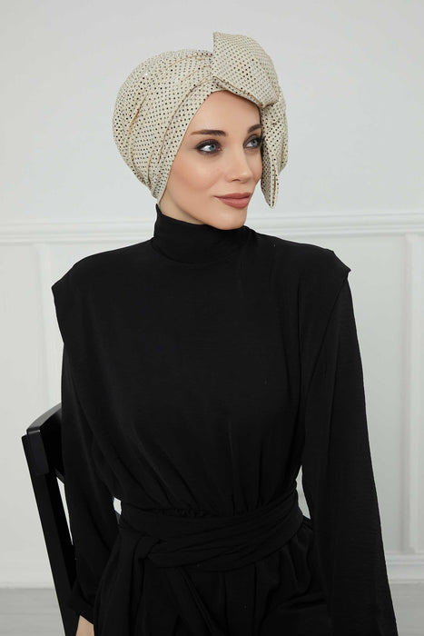 Instant Turban with a Big Side Bow, Modern Turban Bonnet Cap for Women, Sequined Evening Turban Hijab Head Scarf with Big Bowtie,B-70PUL