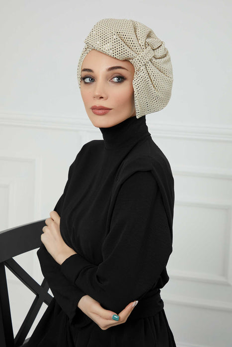 Instant Turban with a Big Side Bow, Modern Turban Bonnet Cap for Women, Sequined Evening Turban Hijab Head Scarf with Big Bowtie,B-70PUL