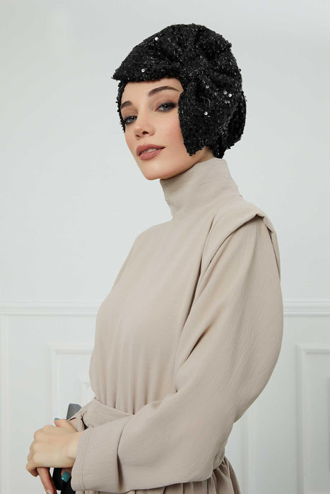 عمامة فورية سوداء لامعة مع فيونكة، أغطية رأس نسائية رائعة مطرزة بالترتر، تصميم عمامة مسائية عصرية، قبعة فورية للنساء، B-70SK