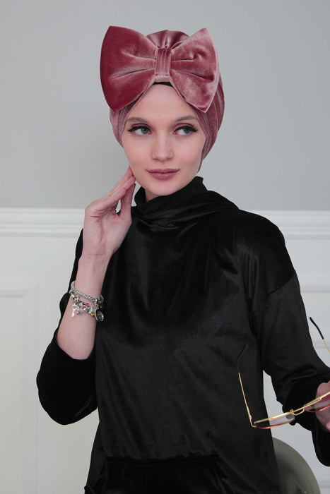 Velvet Bowtie Instant Turban Hijab for Women Lightweight Head Wrap, Luxurious Velour Pre-Tied Instant Turban, Trendy Velvet Chemo Cap,B-11K