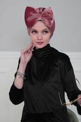 Velvet Bowtie Instant Turban Hijab for Women Lightweight Head Wrap, Luxurious Velour Pre-Tied Instant Turban, Trendy Velvet Chemo Cap,B-11K Dusty Rose