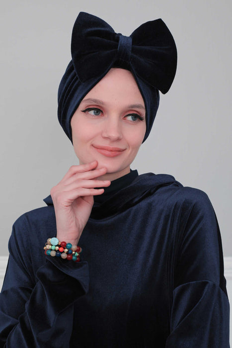 Instant Turban with Bow for Women Velvet Head Wrap Lightweight Head Scarf Modest Headwear,B-11K