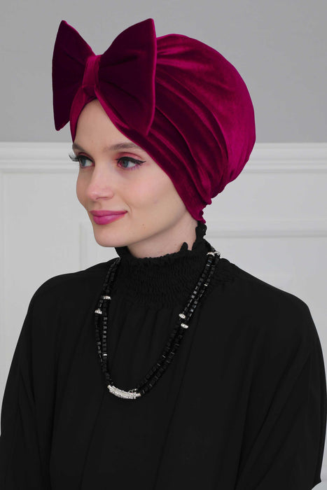Velvet Bowtie Instant Turban Hijab for Women Lightweight Head Wrap, Luxurious Velour Pre-Tied Instant Turban, Trendy Velvet Chemo Cap,B-11K