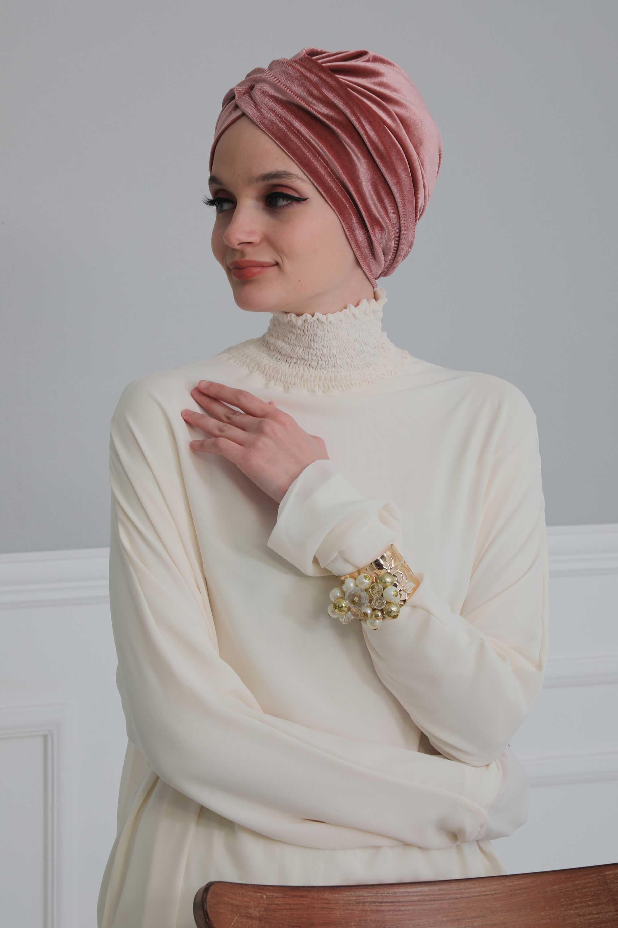 Super Soft Velvet Pre-Tied Turban, Comfortable Lightweight Winter Bonnet Cap for Women, Easy Wrap Women Head Covering, Chemo Cancer Cap,B-9K Dusty Rose