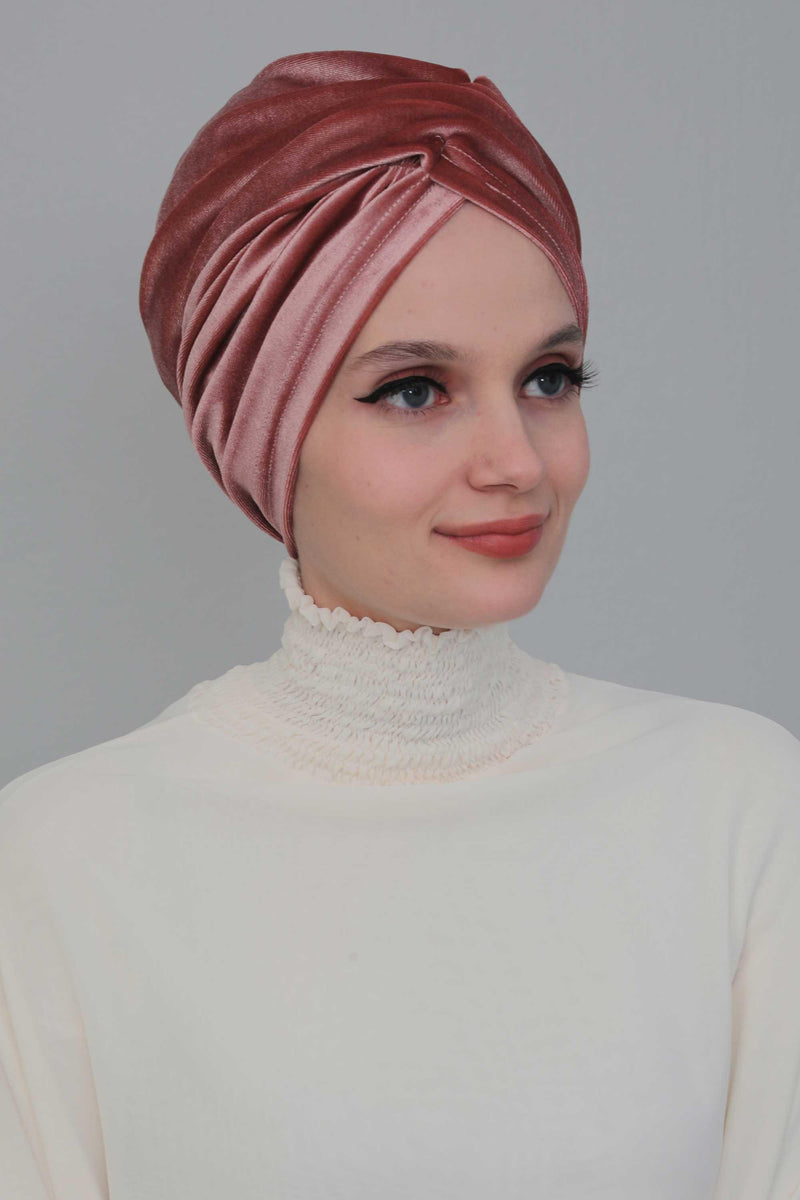 Super Soft Velvet Pre-Tied Turban, Comfortable Lightweight Winter Bonnet Cap for Women, Easy Wrap Women Head Covering, Chemo Cancer Cap,B-9K Dusty Rose