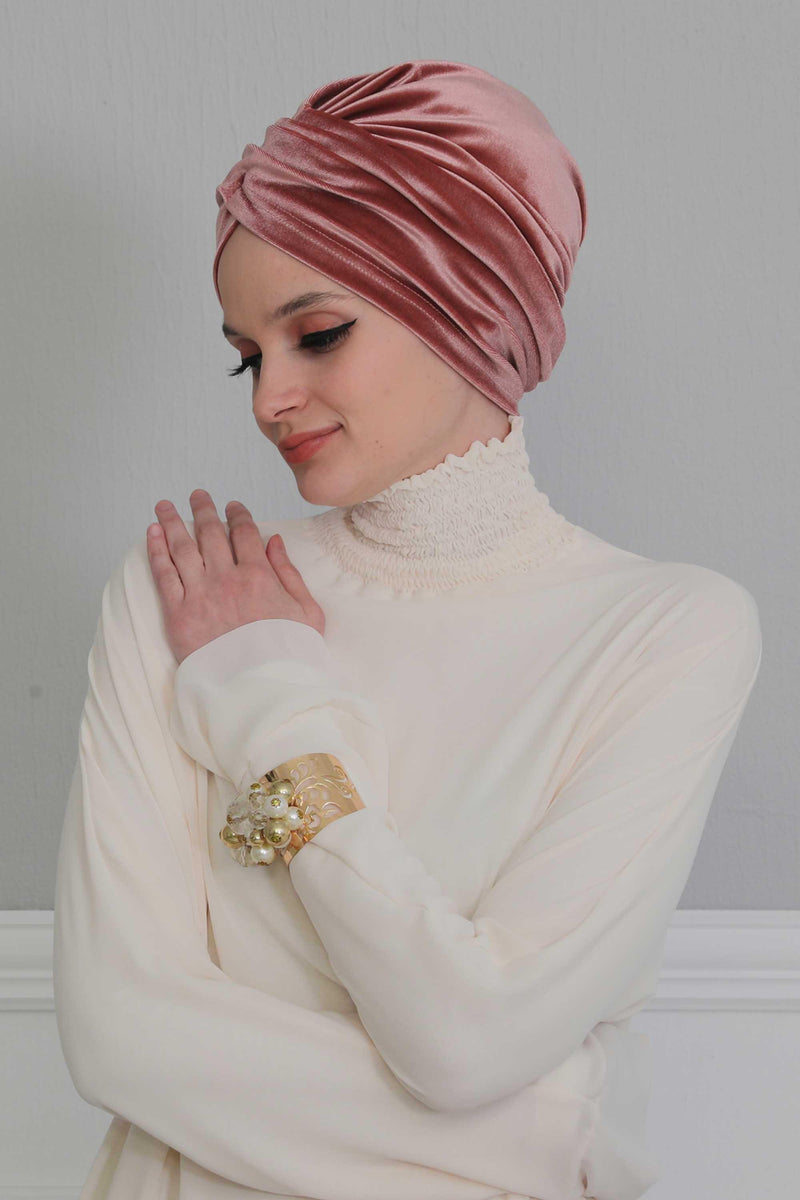 Super Soft Velvet Pre-Tied Turban, Comfortable Lightweight Winter Bonnet Cap for Women, Easy Wrap Women Head Covering, Chemo Cancer Cap,B-9K Dusty Rose