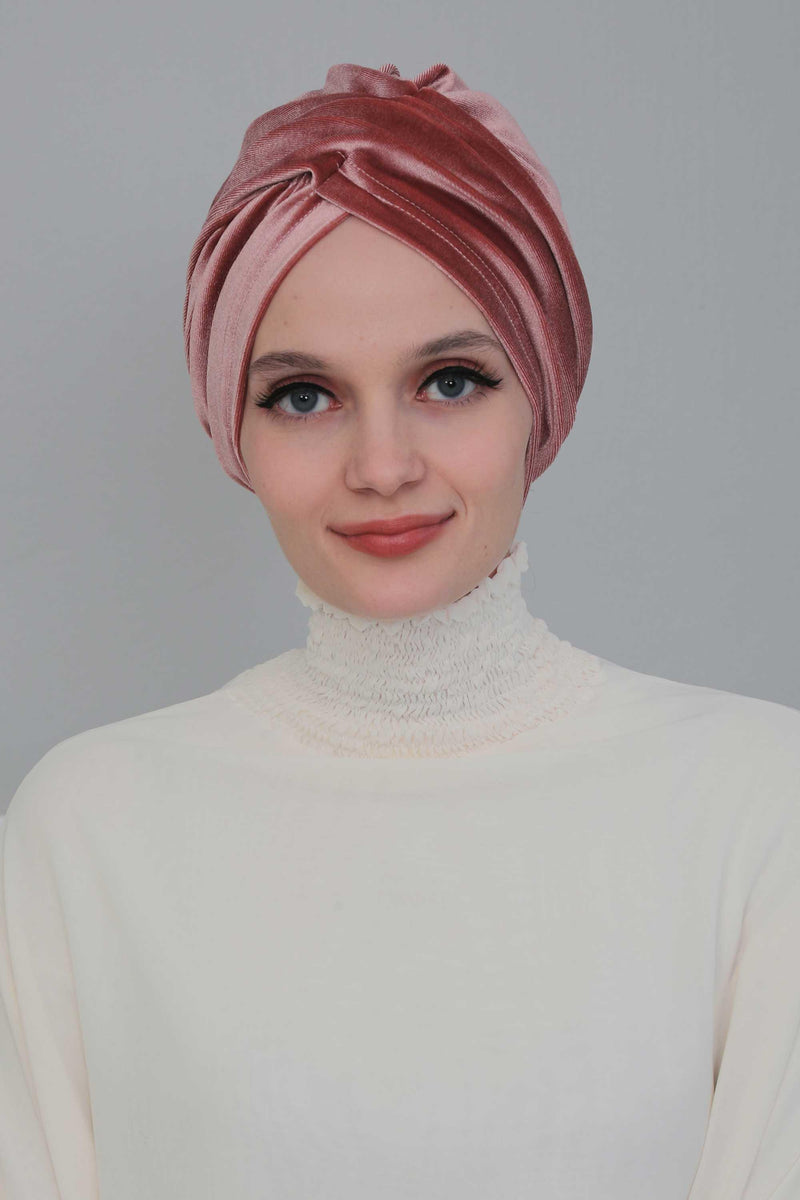 Super Soft Velvet Pre-Tied Turban, Comfortable Lightweight Winter Bonnet Cap for Women, Easy Wrap Women Head Covering, Chemo Cancer Cap,B-9K Dusty Rose