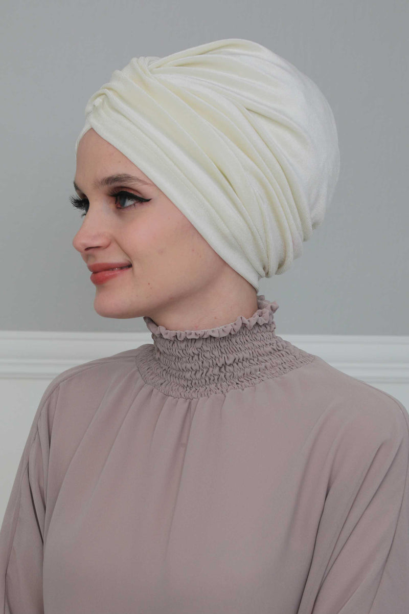 Super Soft Velvet Pre-Tied Turban, Comfortable Lightweight Winter Bonnet Cap for Women, Easy Wrap Women Head Covering, Chemo Cancer Cap,B-9K Ivory
