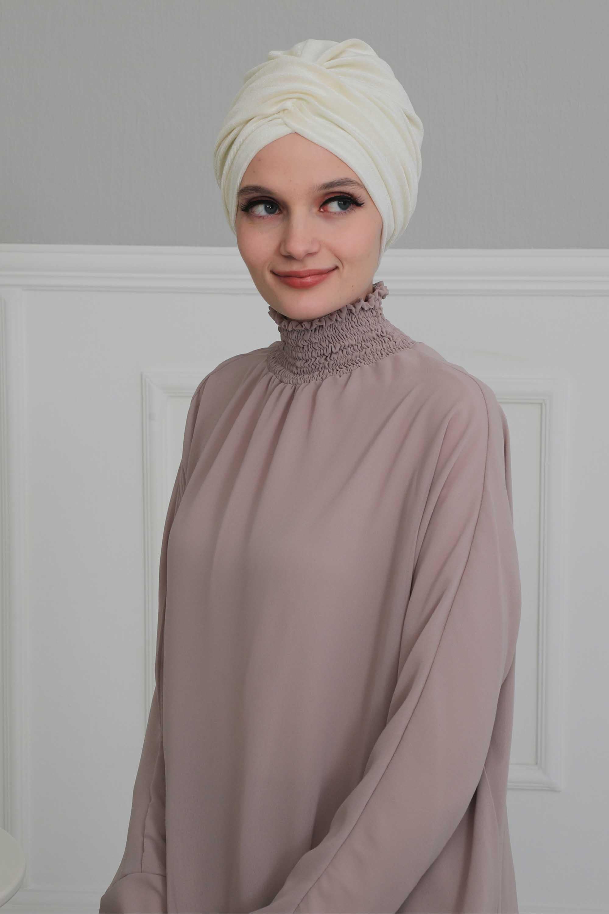 Super Soft Velvet Pre-Tied Turban, Comfortable Lightweight Winter Bonnet Cap for Women, Easy Wrap Women Head Covering, Chemo Cancer Cap,B-9K Ivory