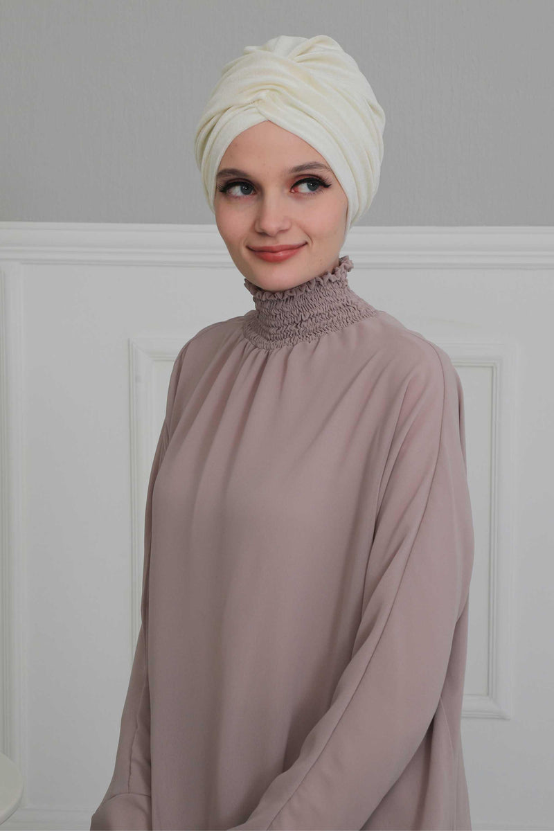 Super Soft Velvet Pre-Tied Turban, Comfortable Lightweight Winter Bonnet Cap for Women, Easy Wrap Women Head Covering, Chemo Cancer Cap,B-9K Ivory