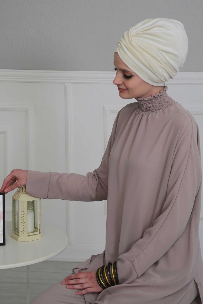 Super Soft Velvet Pre-Tied Turban, Comfortable Lightweight Winter Bonnet Cap for Women, Easy Wrap Women Head Covering, Chemo Cancer Cap,B-9K Ivory