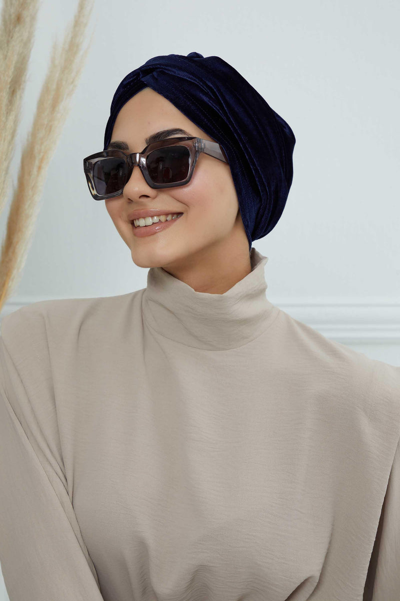 Super Soft Velvet Pre-Tied Turban, Comfortable Lightweight Winter Bonnet Cap for Women, Easy Wrap Women Head Covering, Chemo Cancer Cap,B-9K Navy Blue