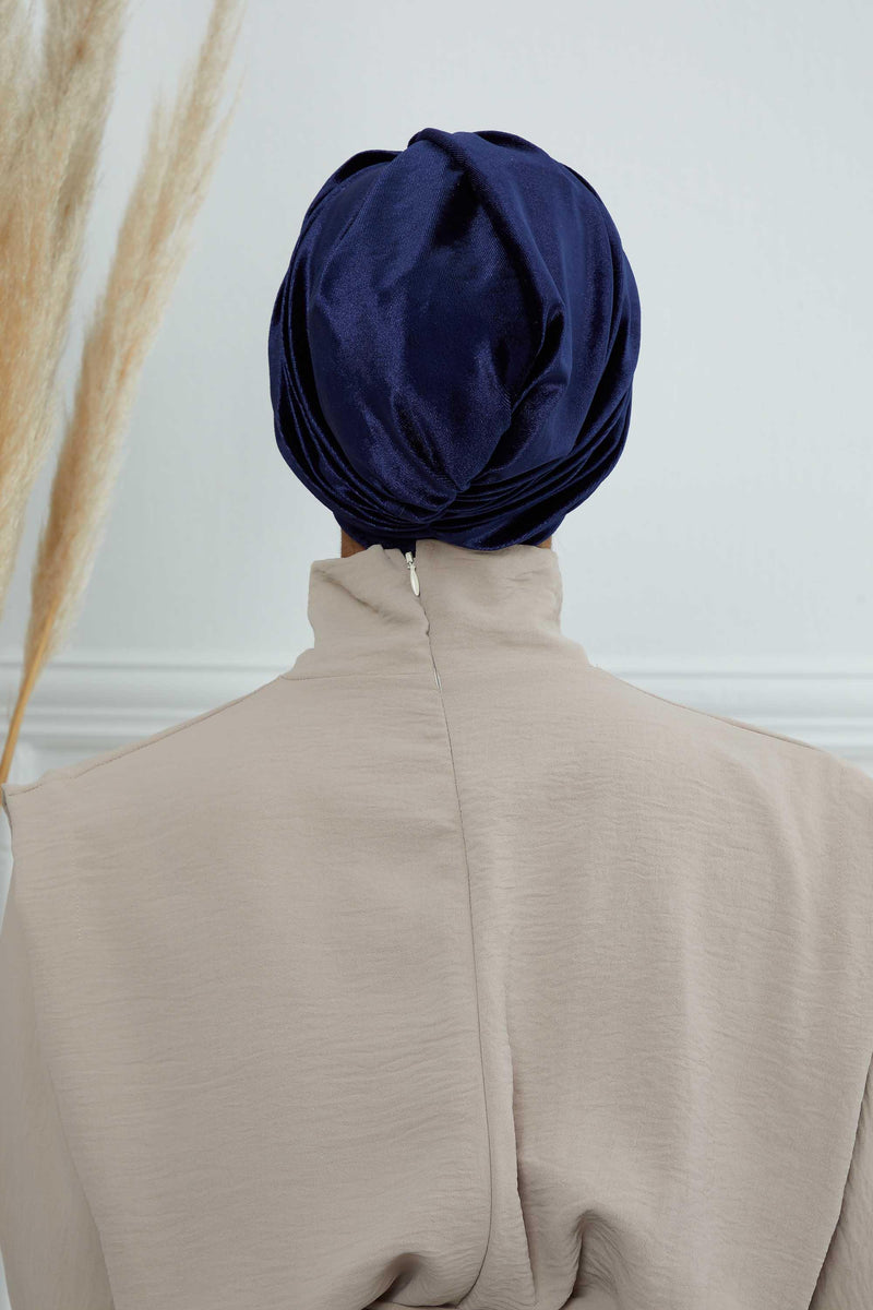 Super Soft Velvet Pre-Tied Turban, Comfortable Lightweight Winter Bonnet Cap for Women, Easy Wrap Women Head Covering, Chemo Cancer Cap,B-9K Navy Blue
