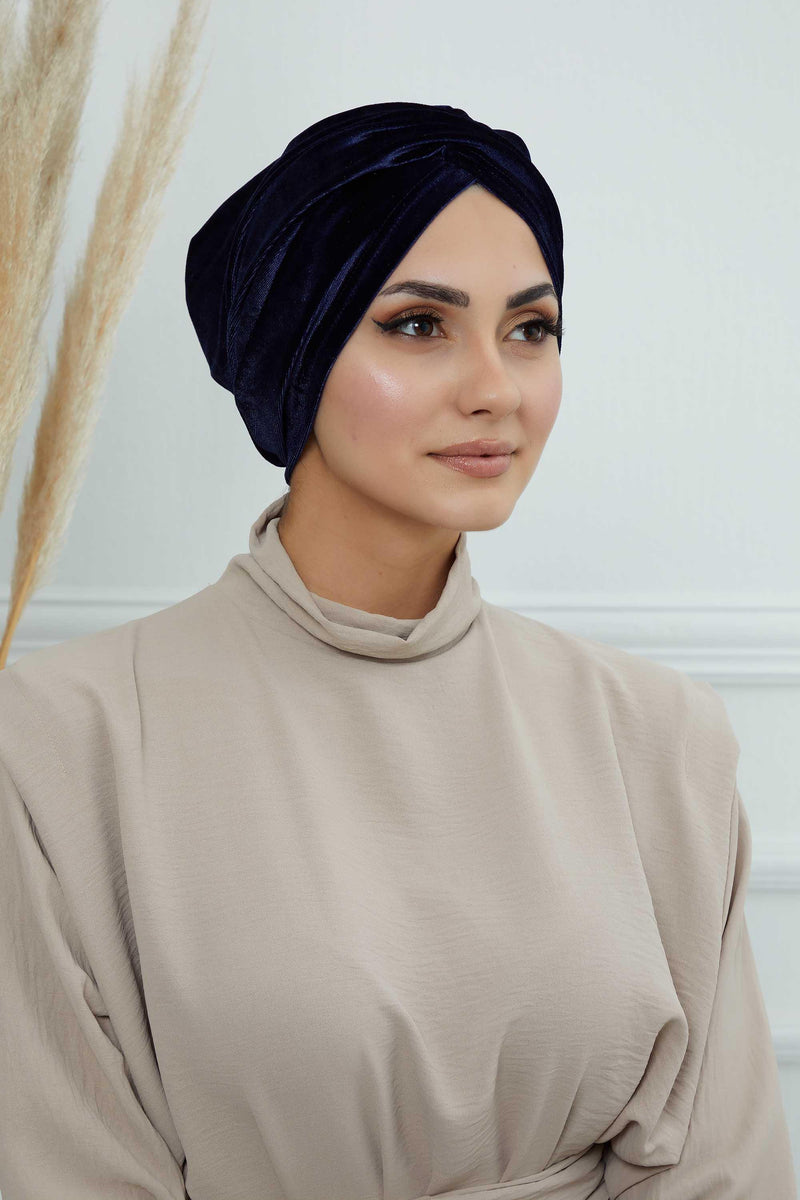 Super Soft Velvet Pre-Tied Turban, Comfortable Lightweight Winter Bonnet Cap for Women, Easy Wrap Women Head Covering, Chemo Cancer Cap,B-9K Navy Blue