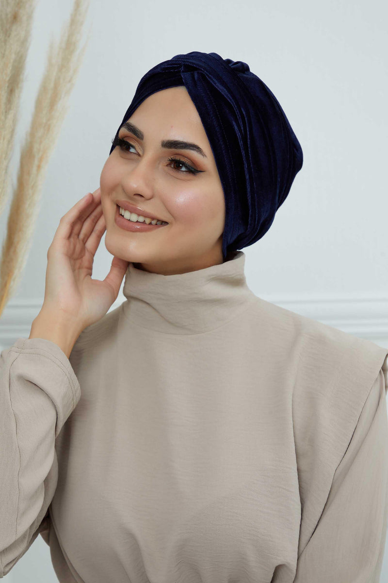 Super Soft Velvet Pre-Tied Turban, Comfortable Lightweight Winter Bonnet Cap for Women, Easy Wrap Women Head Covering, Chemo Cancer Cap,B-9K Navy Blue