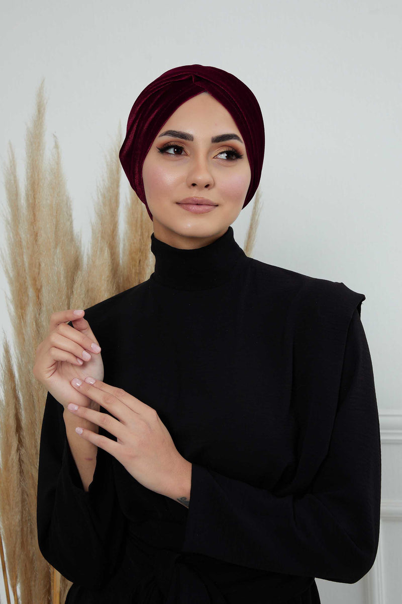 Super Soft Velvet Pre-Tied Turban, Comfortable Lightweight Winter Bonnet Cap for Women, Easy Wrap Women Head Covering, Chemo Cancer Cap,B-9K Maroon