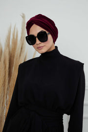 Super Soft Velvet Pre-Tied Turban, Comfortable Lightweight Winter Bonnet Cap for Women, Easy Wrap Women Head Covering, Chemo Cancer Cap,B-9K Maroon