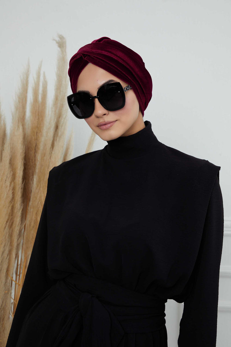Super Soft Velvet Pre-Tied Turban, Comfortable Lightweight Winter Bonnet Cap for Women, Easy Wrap Women Head Covering, Chemo Cancer Cap,B-9K Maroon