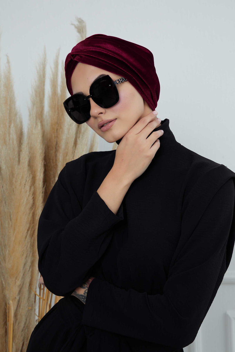 Super Soft Velvet Pre-Tied Turban, Comfortable Lightweight Winter Bonnet Cap for Women, Easy Wrap Women Head Covering, Chemo Cancer Cap,B-9K Maroon