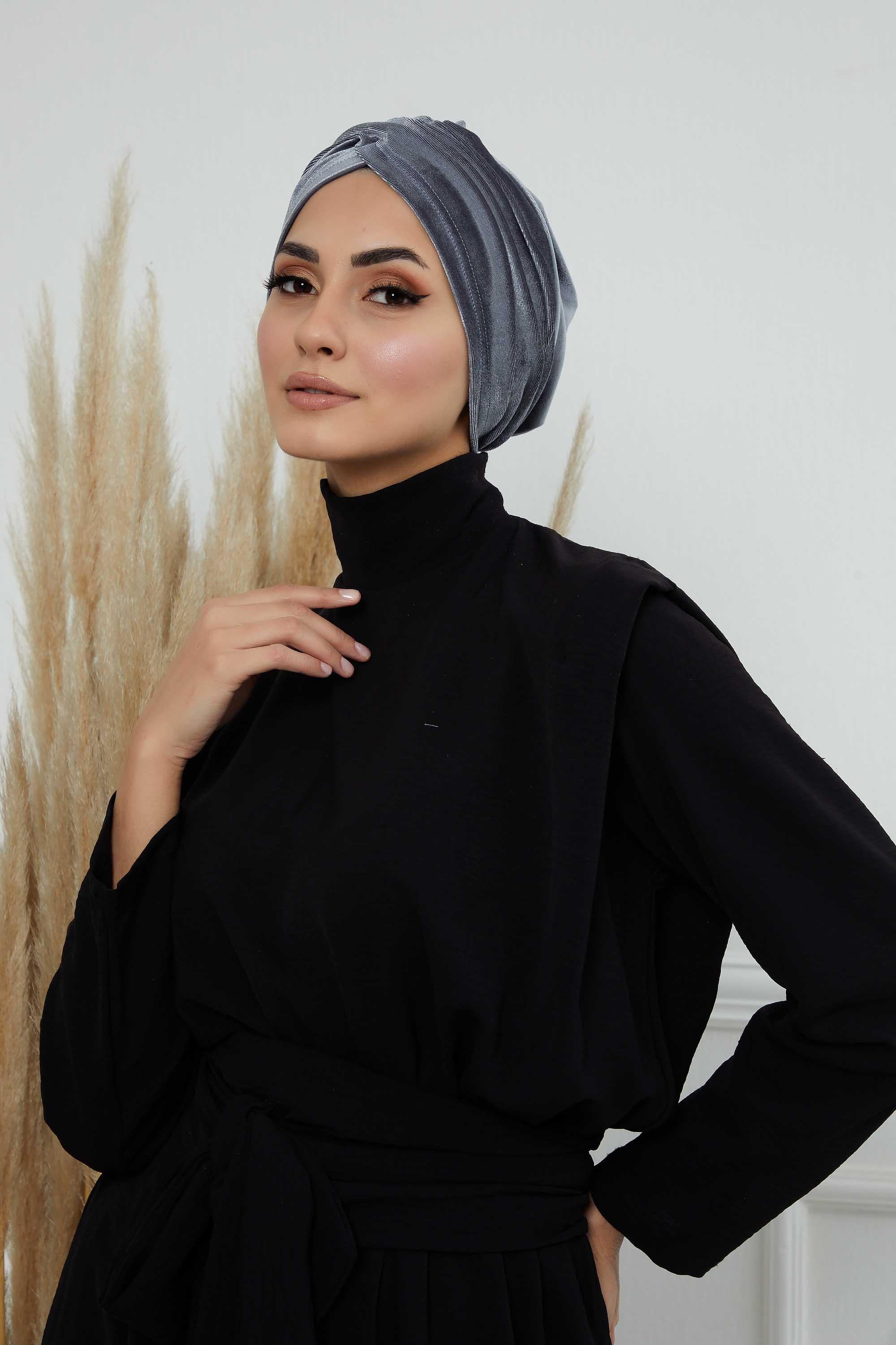 Super Soft Velvet Pre-Tied Turban, Comfortable Lightweight Winter Bonnet Cap for Women, Easy Wrap Women Head Covering, Chemo Cancer Cap,B-9K Grey