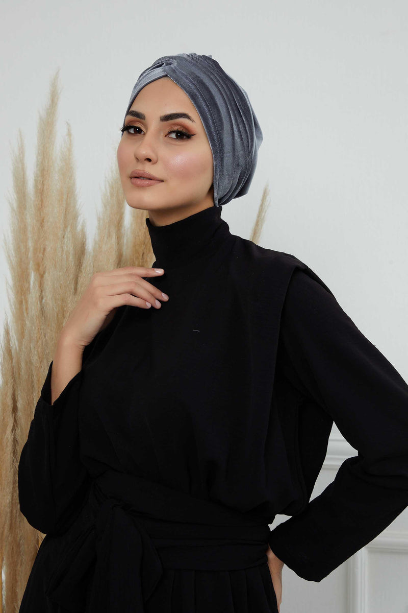 Super Soft Velvet Pre-Tied Turban, Comfortable Lightweight Winter Bonnet Cap for Women, Easy Wrap Women Head Covering, Chemo Cancer Cap,B-9K Grey