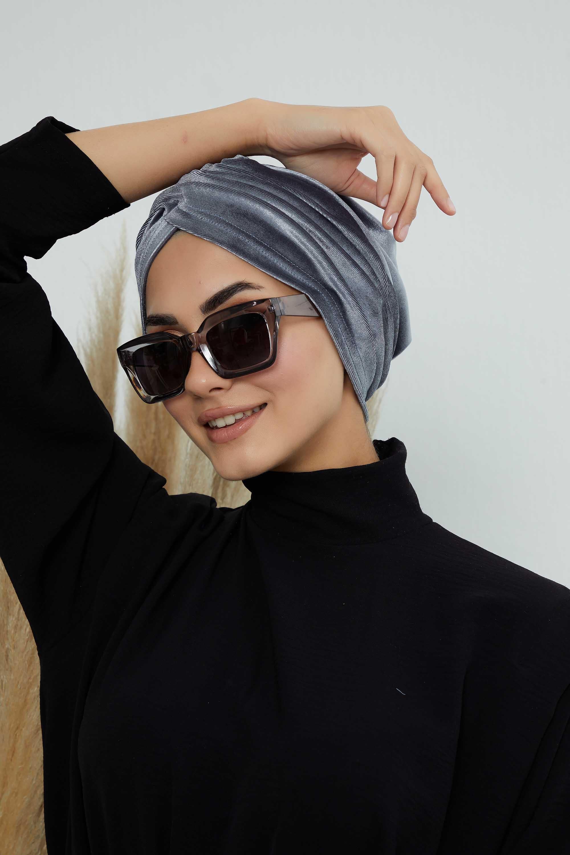 Super Soft Velvet Pre-Tied Turban, Comfortable Lightweight Winter Bonnet Cap for Women, Easy Wrap Women Head Covering, Chemo Cancer Cap,B-9K Grey