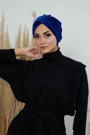Super Soft Velvet Pre-Tied Turban, Comfortable Lightweight Winter Bonnet Cap for Women, Easy Wrap Women Head Covering, Chemo Cancer Cap,B-9K Sax Blue