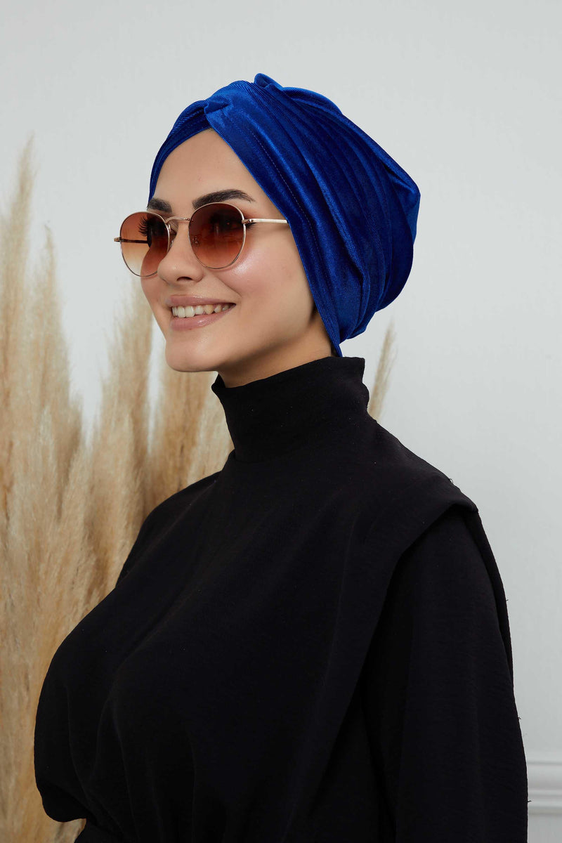 Super Soft Velvet Pre-Tied Turban, Comfortable Lightweight Winter Bonnet Cap for Women, Easy Wrap Women Head Covering, Chemo Cancer Cap,B-9K Sax Blue