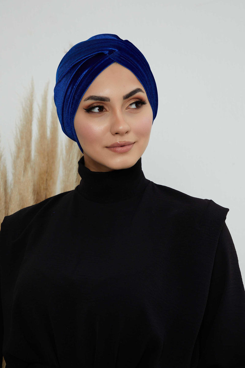 Super Soft Velvet Pre-Tied Turban, Comfortable Lightweight Winter Bonnet Cap for Women, Easy Wrap Women Head Covering, Chemo Cancer Cap,B-9K Sax Blue