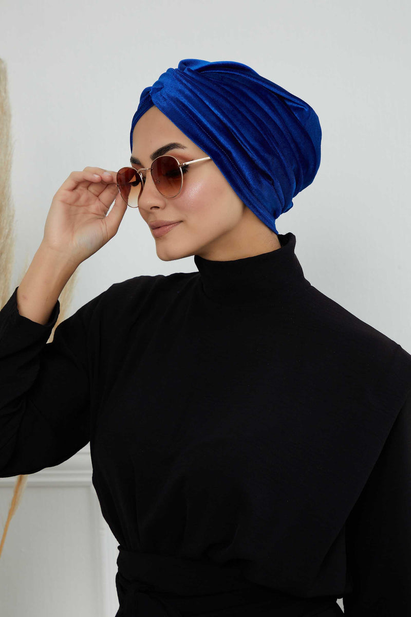 Super Soft Velvet Pre-Tied Turban, Comfortable Lightweight Winter Bonnet Cap for Women, Easy Wrap Women Head Covering, Chemo Cancer Cap,B-9K Sax Blue