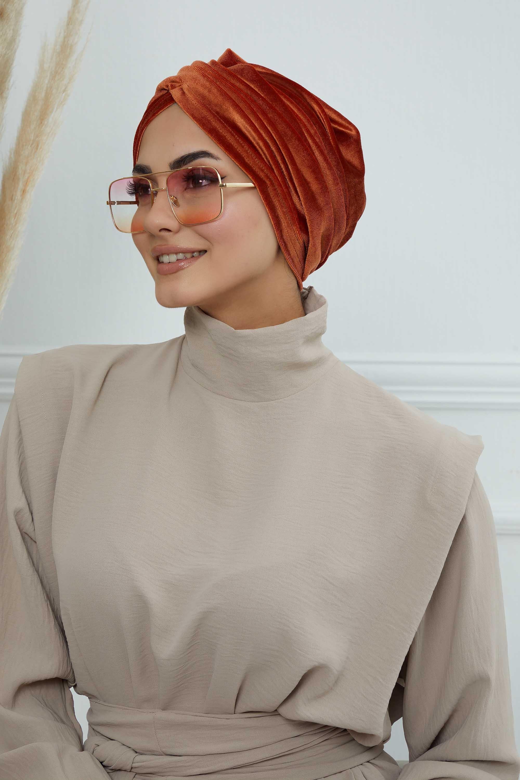 Super Soft Velvet Pre-Tied Turban, Comfortable Lightweight Winter Bonnet Cap for Women, Easy Wrap Women Head Covering, Chemo Cancer Cap,B-9K Tile Red