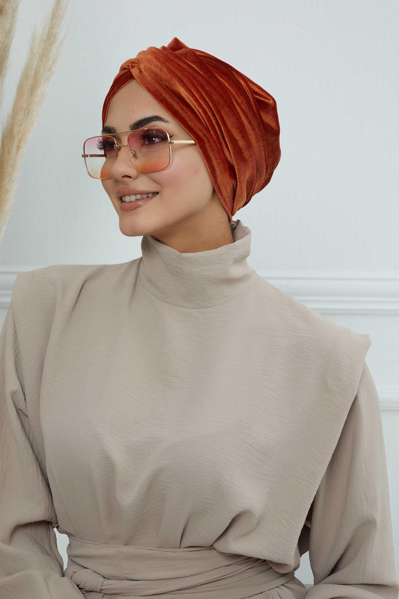 Super Soft Velvet Pre-Tied Turban, Comfortable Lightweight Winter Bonnet Cap for Women, Easy Wrap Women Head Covering, Chemo Cancer Cap,B-9K Tile Red