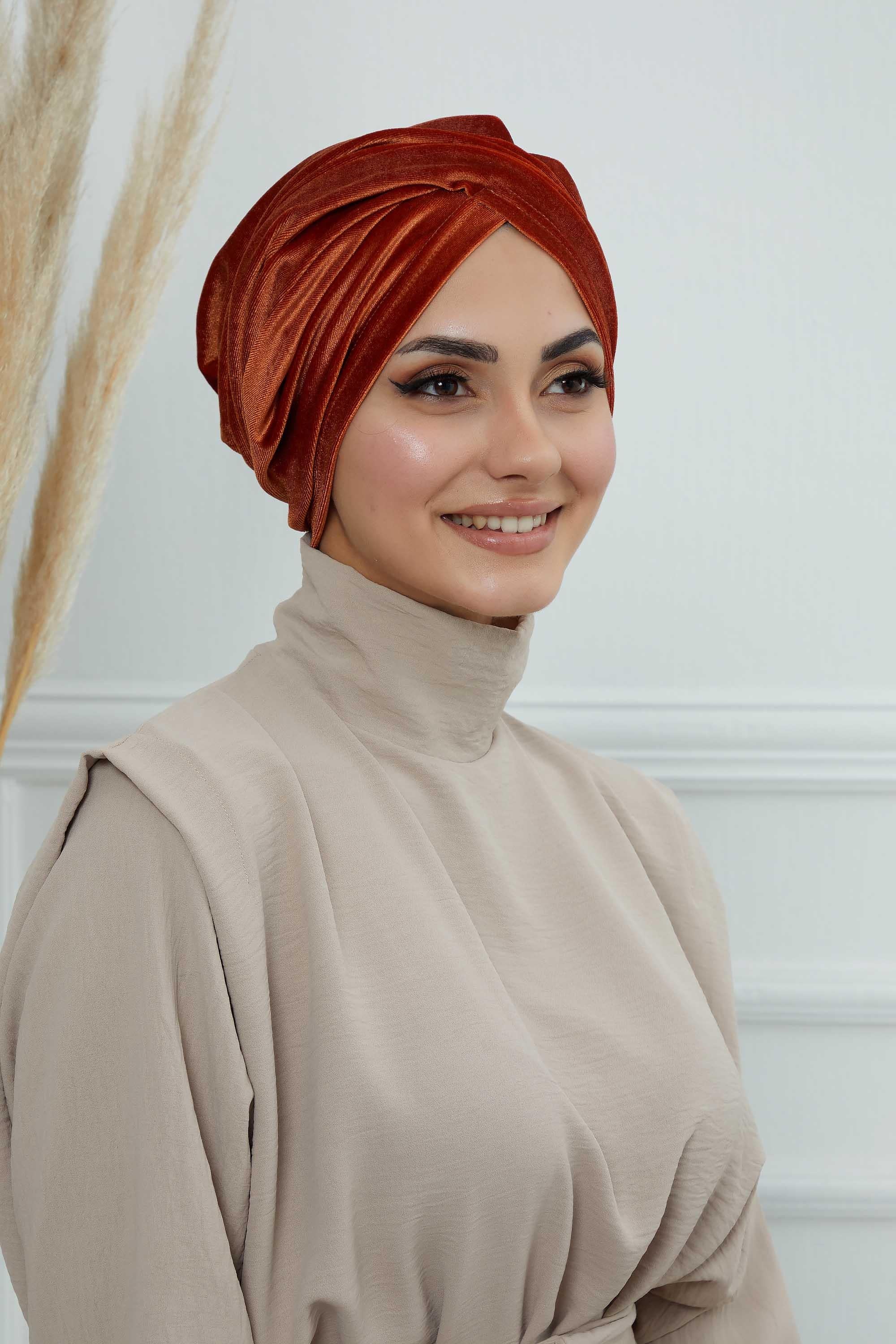 Super Soft Velvet Pre-Tied Turban, Comfortable Lightweight Winter Bonnet Cap for Women, Easy Wrap Women Head Covering, Chemo Cancer Cap,B-9K Tile Red