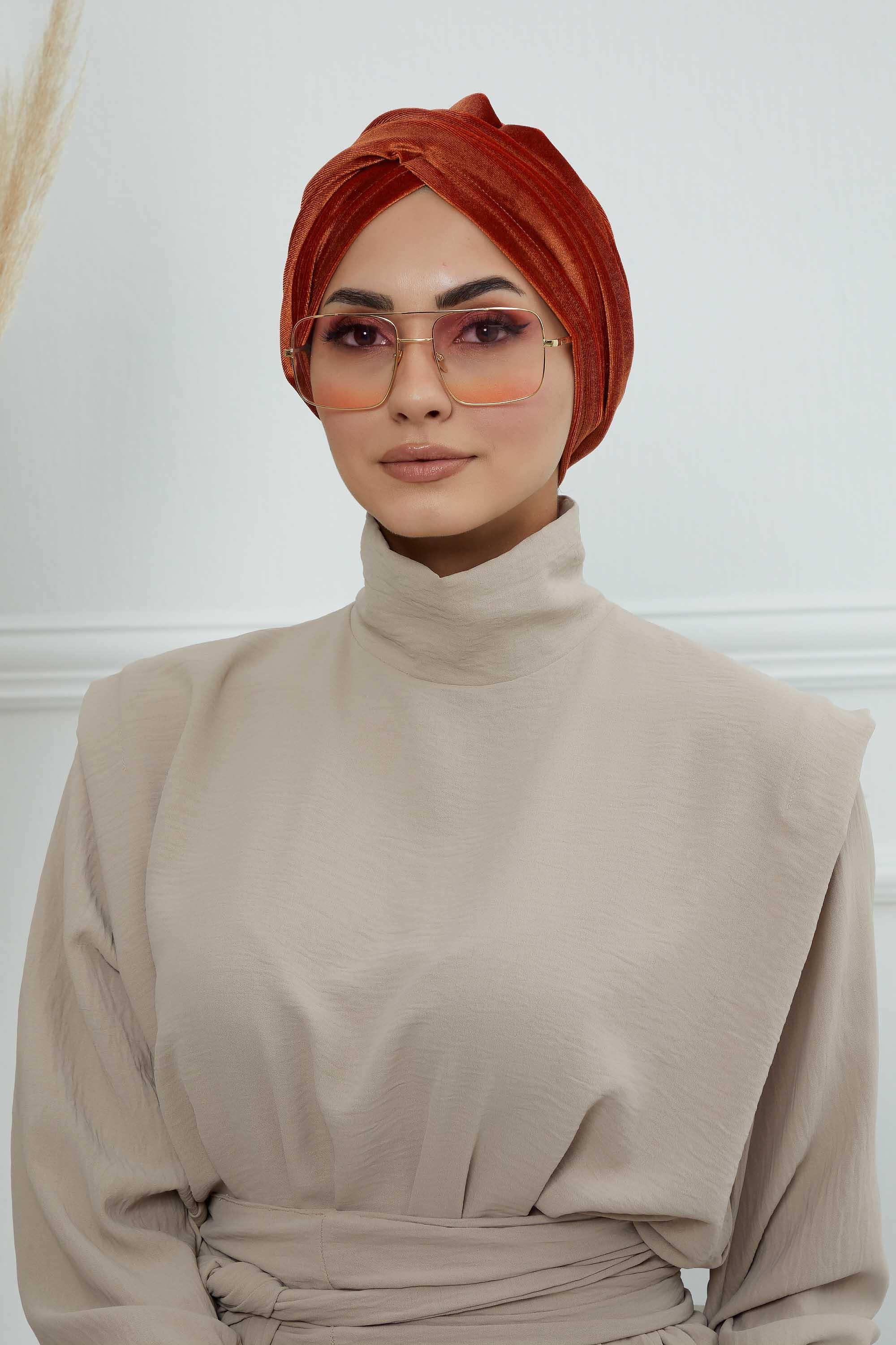Super Soft Velvet Pre-Tied Turban, Comfortable Lightweight Winter Bonnet Cap for Women, Easy Wrap Women Head Covering, Chemo Cancer Cap,B-9K Tile Red