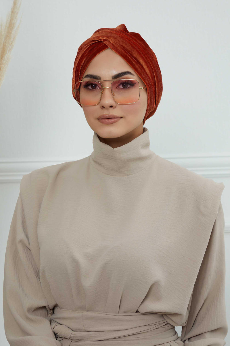 Super Soft Velvet Pre-Tied Turban, Comfortable Lightweight Winter Bonnet Cap for Women, Easy Wrap Women Head Covering, Chemo Cancer Cap,B-9K Tile Red