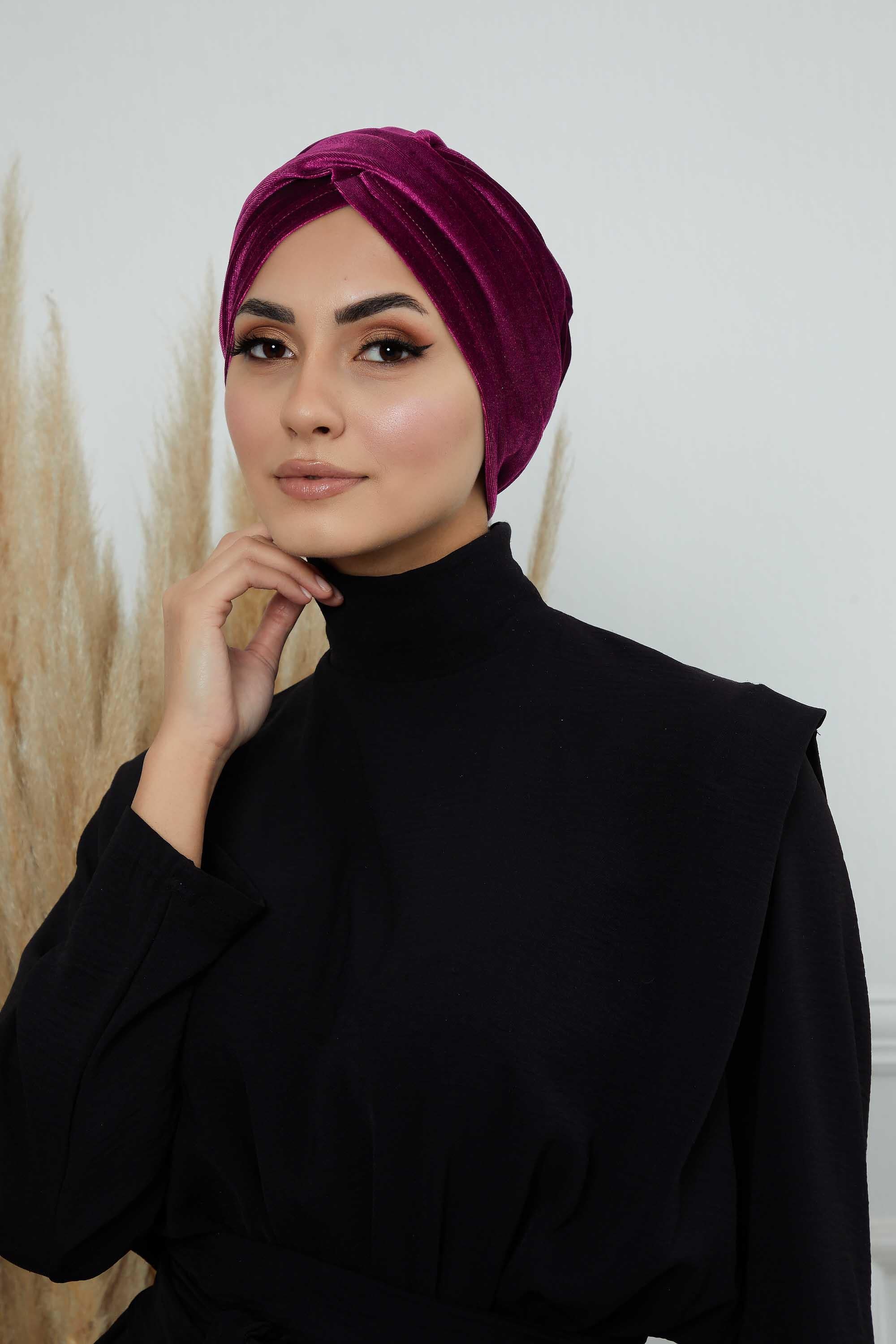 Super Soft Velvet Pre-Tied Turban, Comfortable Lightweight Winter Bonnet Cap for Women, Easy Wrap Women Head Covering, Chemo Cancer Cap,B-9K Purple