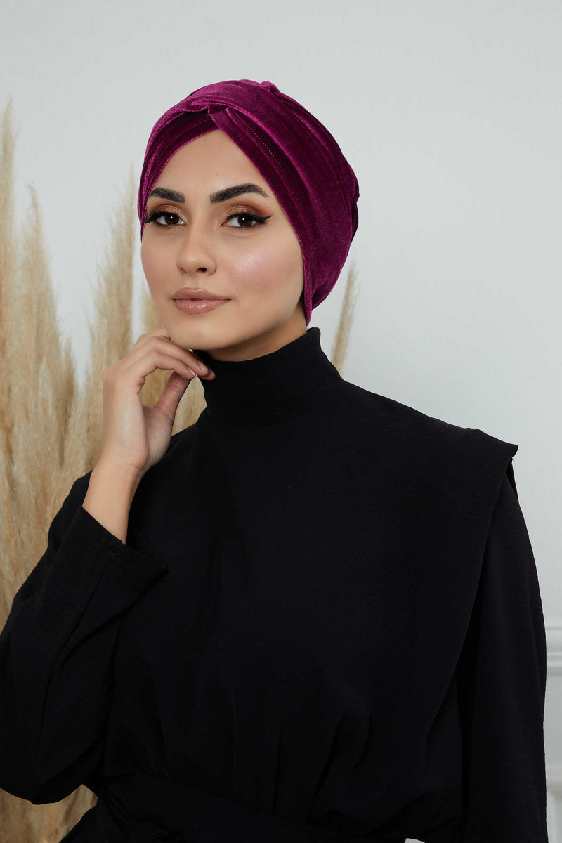 Super Soft Velvet Pre-Tied Turban, Comfortable Lightweight Winter Bonnet Cap for Women, Easy Wrap Women Head Covering, Chemo Cancer Cap,B-9K Purple
