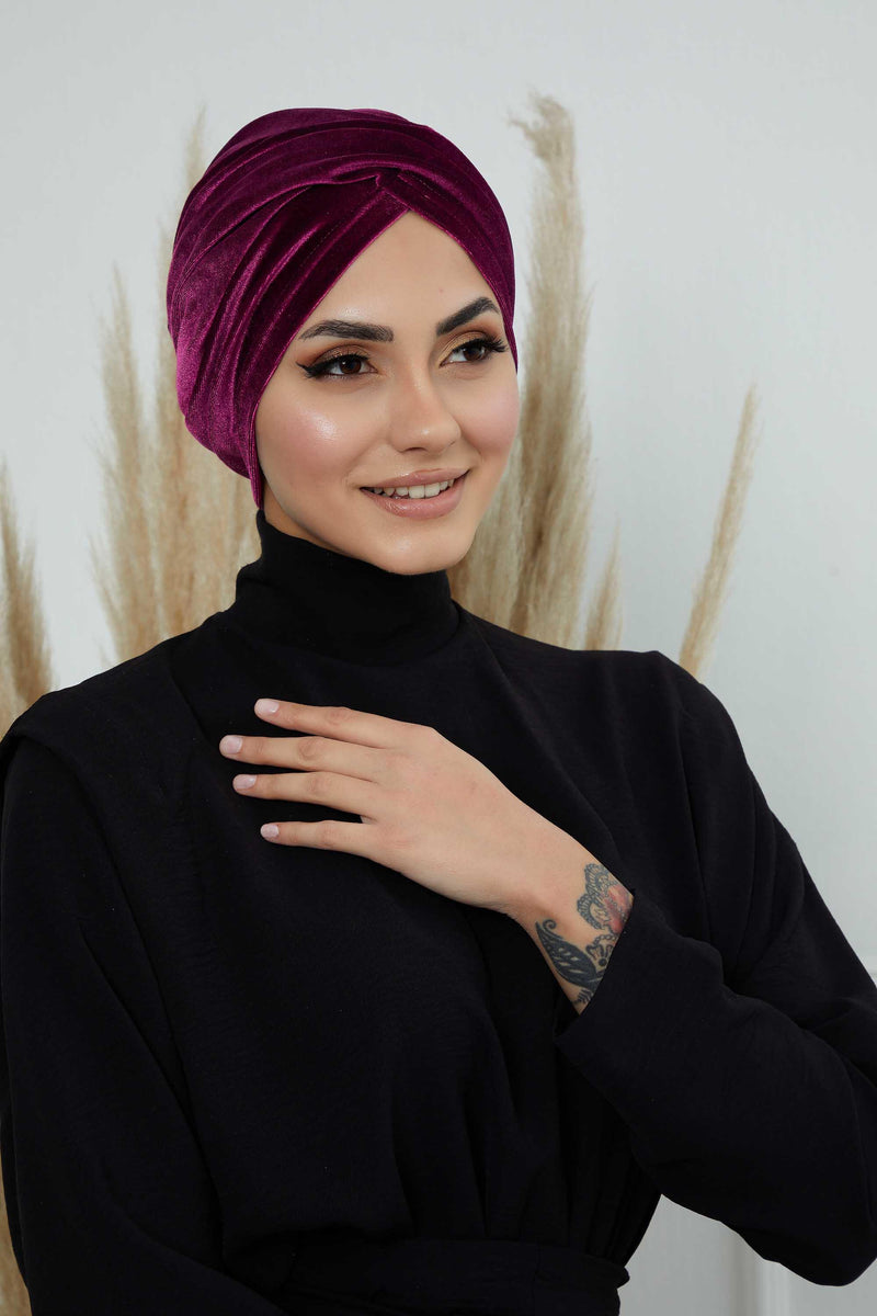 Super Soft Velvet Pre-Tied Turban, Comfortable Lightweight Winter Bonnet Cap for Women, Easy Wrap Women Head Covering, Chemo Cancer Cap,B-9K Purple