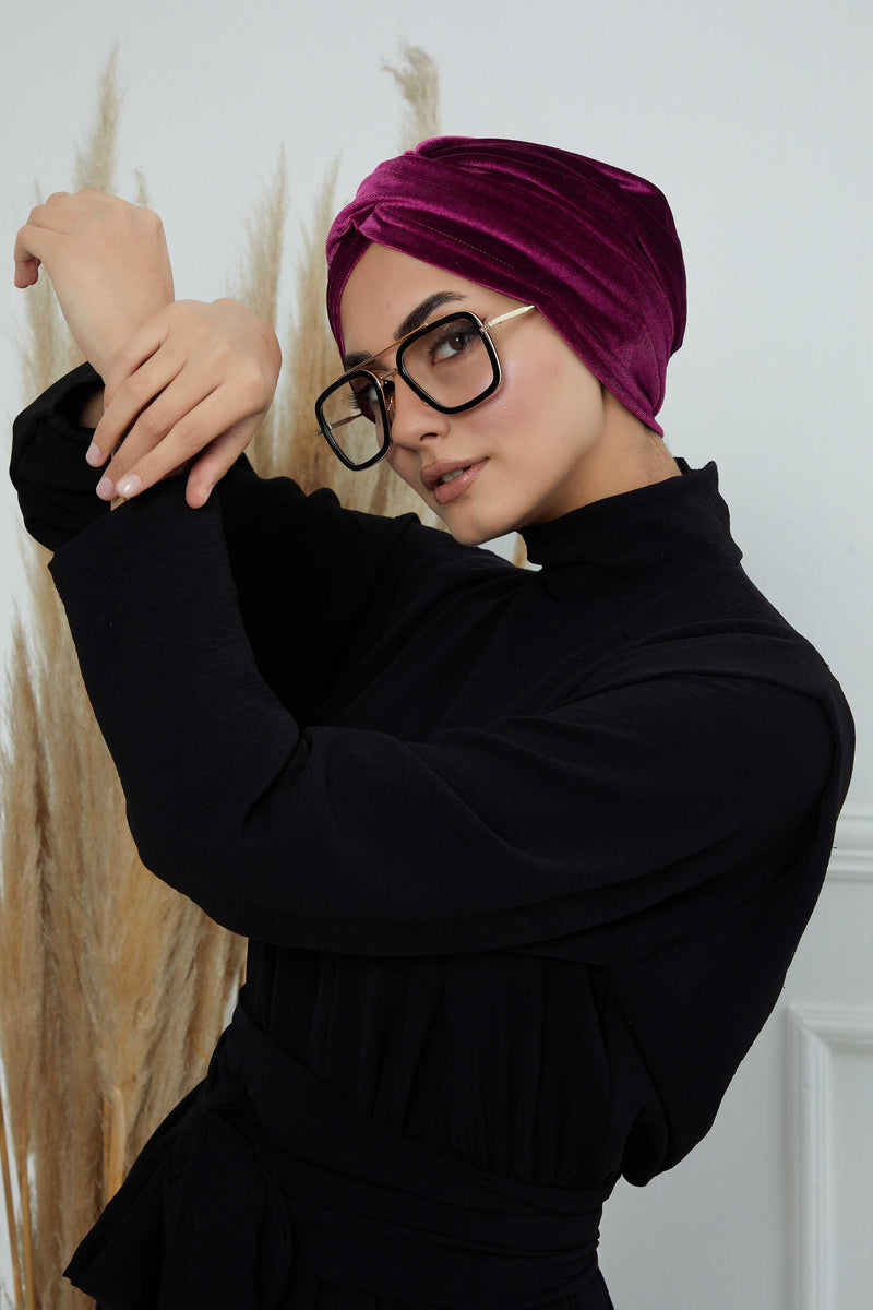 Super Soft Velvet Pre-Tied Turban, Comfortable Lightweight Winter Bonnet Cap for Women, Easy Wrap Women Head Covering, Chemo Cancer Cap,B-9K Purple