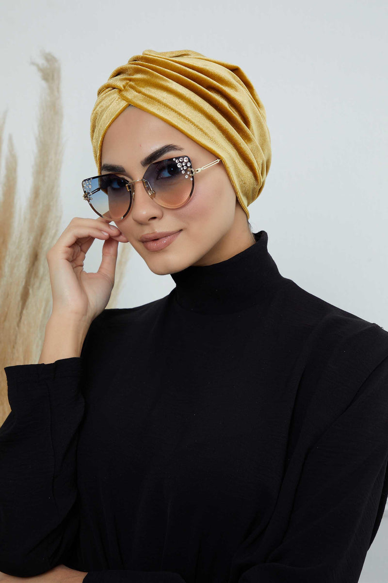 Super Soft Velvet Pre-Tied Turban, Comfortable Lightweight Winter Bonnet Cap for Women, Easy Wrap Women Head Covering, Chemo Cancer Cap,B-9K Mustard Yellow
