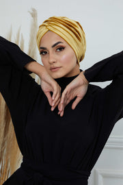 Super Soft Velvet Pre-Tied Turban, Comfortable Lightweight Winter Bonnet Cap for Women, Easy Wrap Women Head Covering, Chemo Cancer Cap,B-9K Mustard Yellow