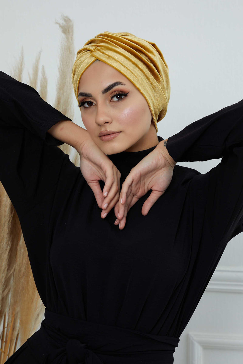 Super Soft Velvet Pre-Tied Turban, Comfortable Lightweight Winter Bonnet Cap for Women, Easy Wrap Women Head Covering, Chemo Cancer Cap,B-9K Mustard Yellow