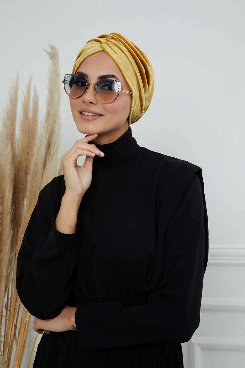 Super Soft Velvet Pre-Tied Turban, Comfortable Lightweight Winter Bonnet Cap for Women, Easy Wrap Women Head Covering, Chemo Cancer Cap,B-9K Mustard Yellow