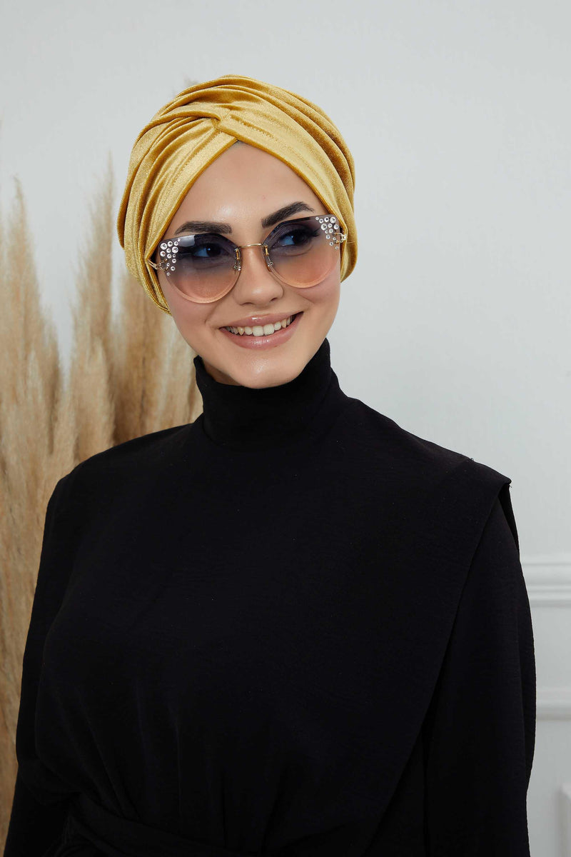 Super Soft Velvet Pre-Tied Turban, Comfortable Lightweight Winter Bonnet Cap for Women, Easy Wrap Women Head Covering, Chemo Cancer Cap,B-9K Mustard Yellow