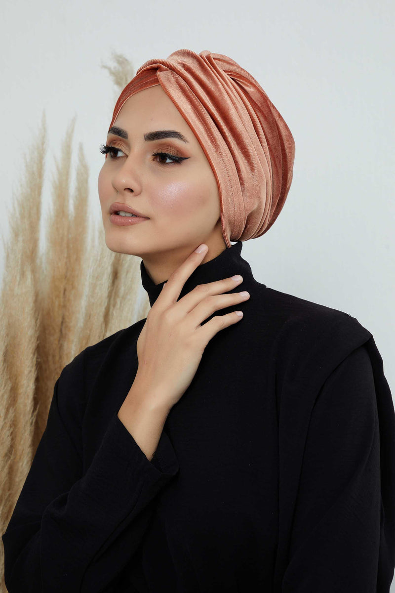 Super Soft Velvet Pre-Tied Turban, Comfortable Lightweight Winter Bonnet Cap for Women, Easy Wrap Women Head Covering, Chemo Cancer Cap,B-9K Salmon